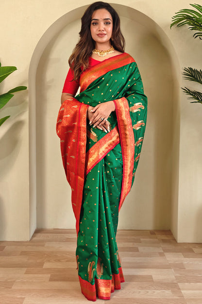 Rhapsody Green Soft Banarasi Silk Saree With Ethereal Blouse Piece