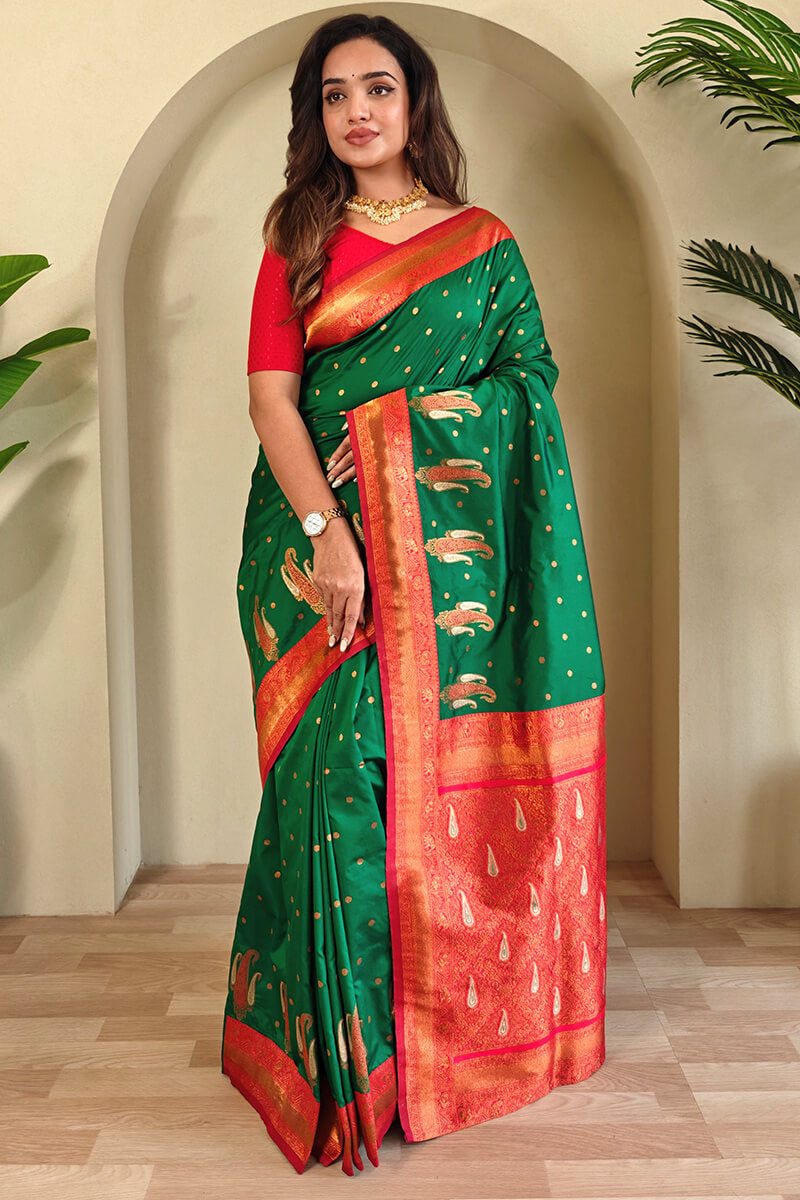 Rhapsody Green Soft Banarasi Silk Saree With Ethereal Blouse Piece