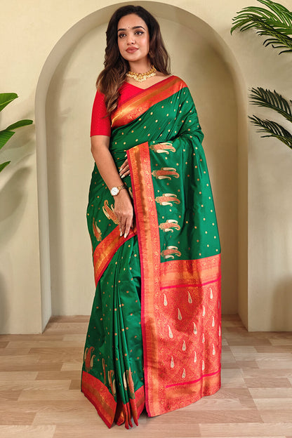 Rhapsody Green Soft Banarasi Silk Saree With Ethereal Blouse Piece