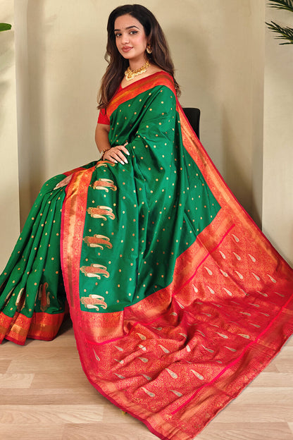 Rhapsody Green Soft Banarasi Silk Saree With Ethereal Blouse Piece