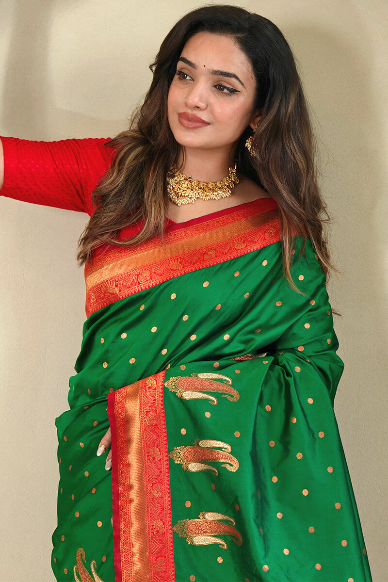 Rhapsody Green Soft Banarasi Silk Saree With Ethereal Blouse Piece