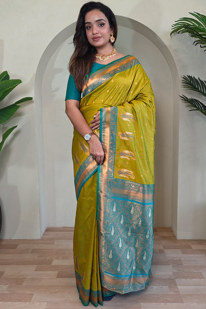 Lissome Mehndi Soft Banarasi Silk Saree With Effervescent Blouse Piece