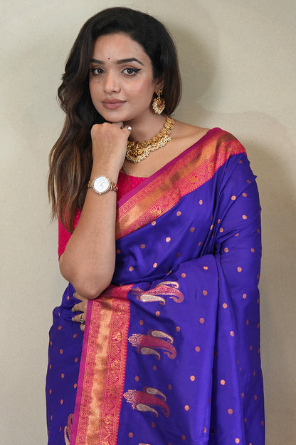 Entrancing Royal Blue Soft Banarasi Silk Saree With Palimpsest Blouse Piece