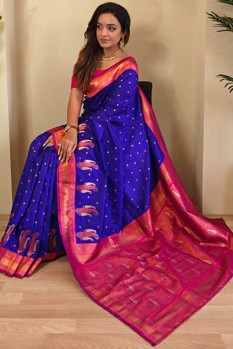 Entrancing Royal Blue Soft Banarasi Silk Saree With Palimpsest Blouse Piece