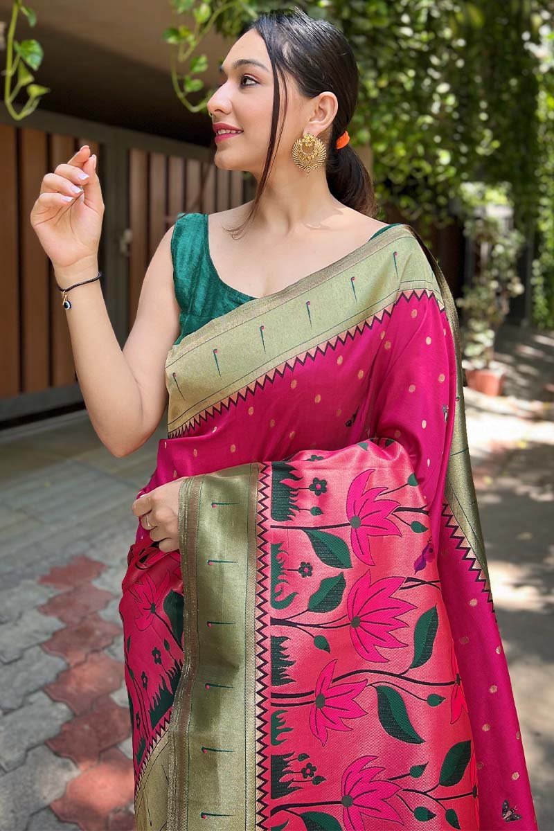 Trendy Dark Pink Paithani Silk Saree With Stunning Blouse Piece