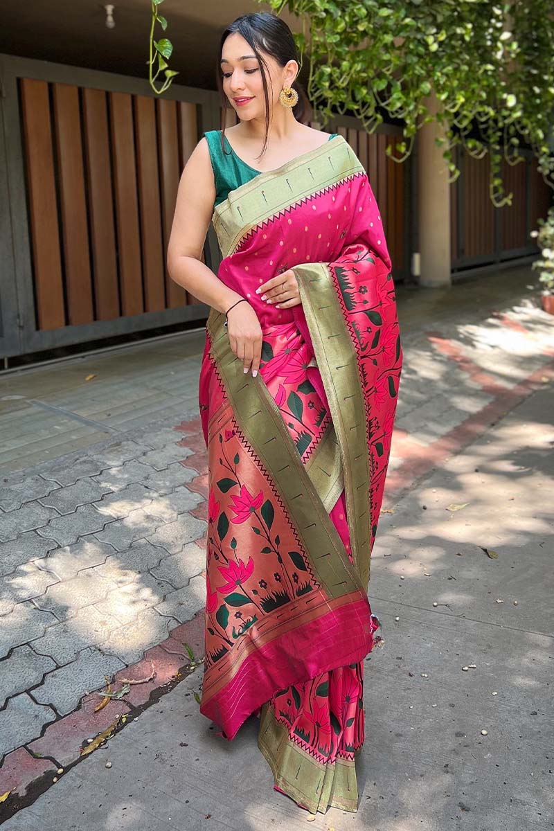 Trendy Dark Pink Paithani Silk Saree With Stunning Blouse Piece