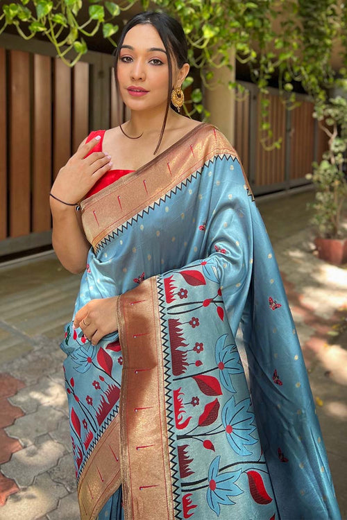 Load image into Gallery viewer, Pretty Firozi Paithani Silk Saree With Extraordinary Blouse Piece
