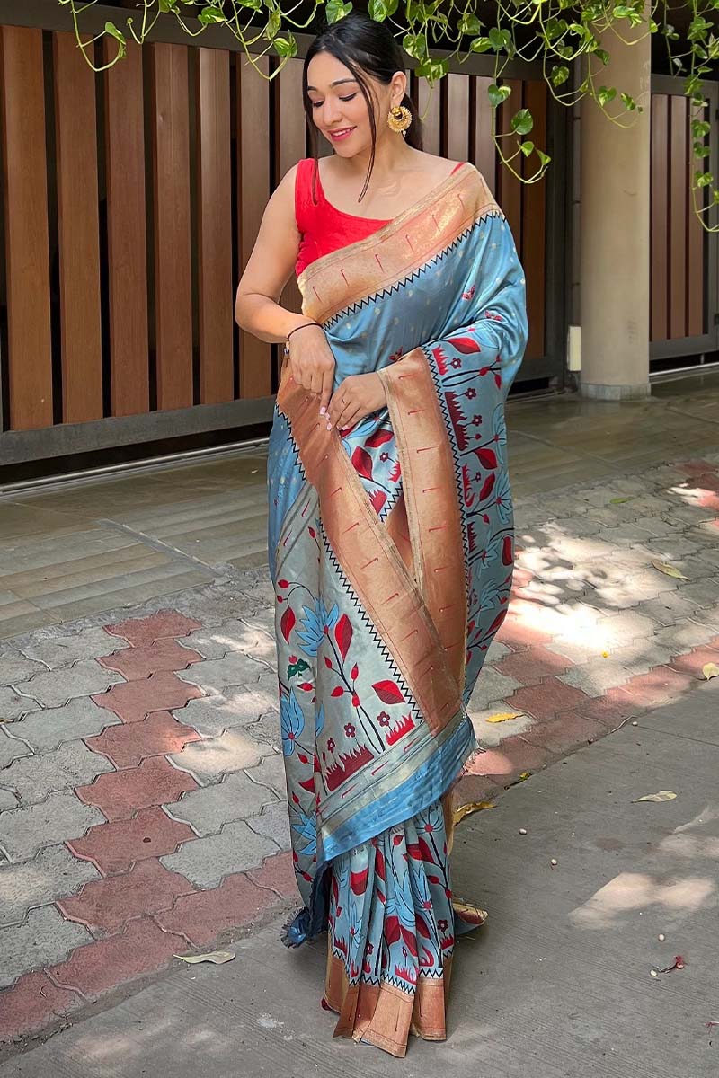 Pretty Firozi Paithani Silk Saree With Extraordinary Blouse Piece