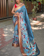 Pretty Firozi Paithani Silk Saree With Extraordinary Blouse Piece