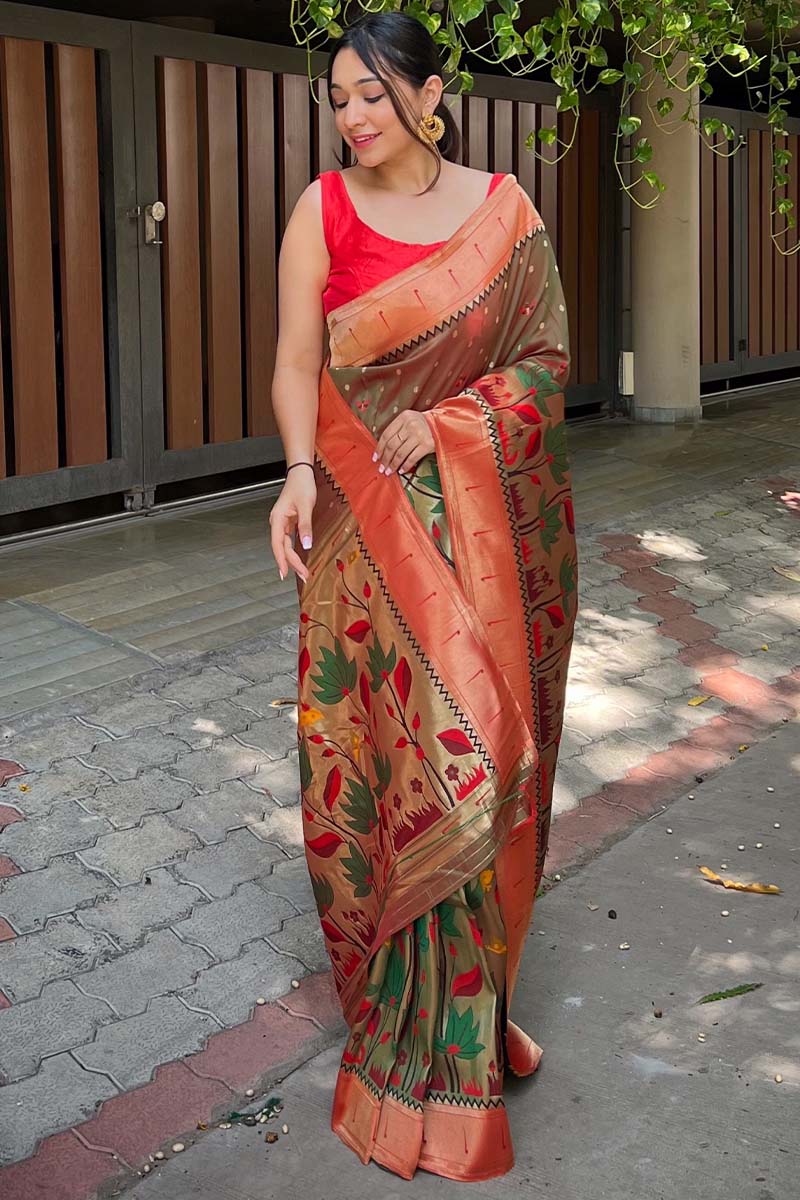Mesmerising Green Paithani Silk Saree With Stylish Blouse Piece