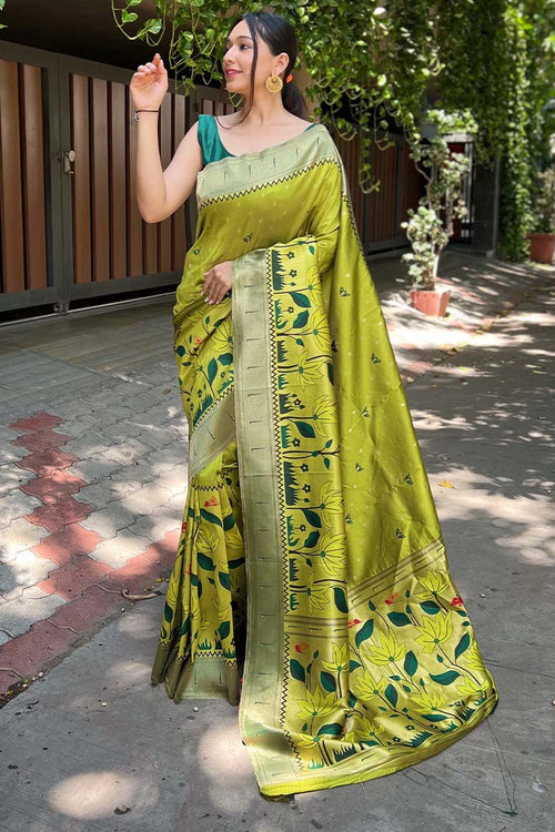 Load image into Gallery viewer, Eye-catching Mehndi Paithani Silk Saree With Intricate Blouse Piece
