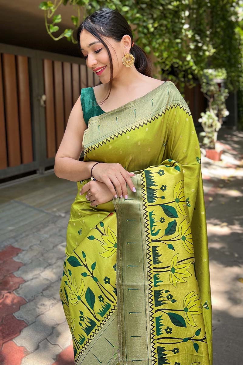 Eye-catching Mehndi Paithani Silk Saree With Intricate Blouse Piece