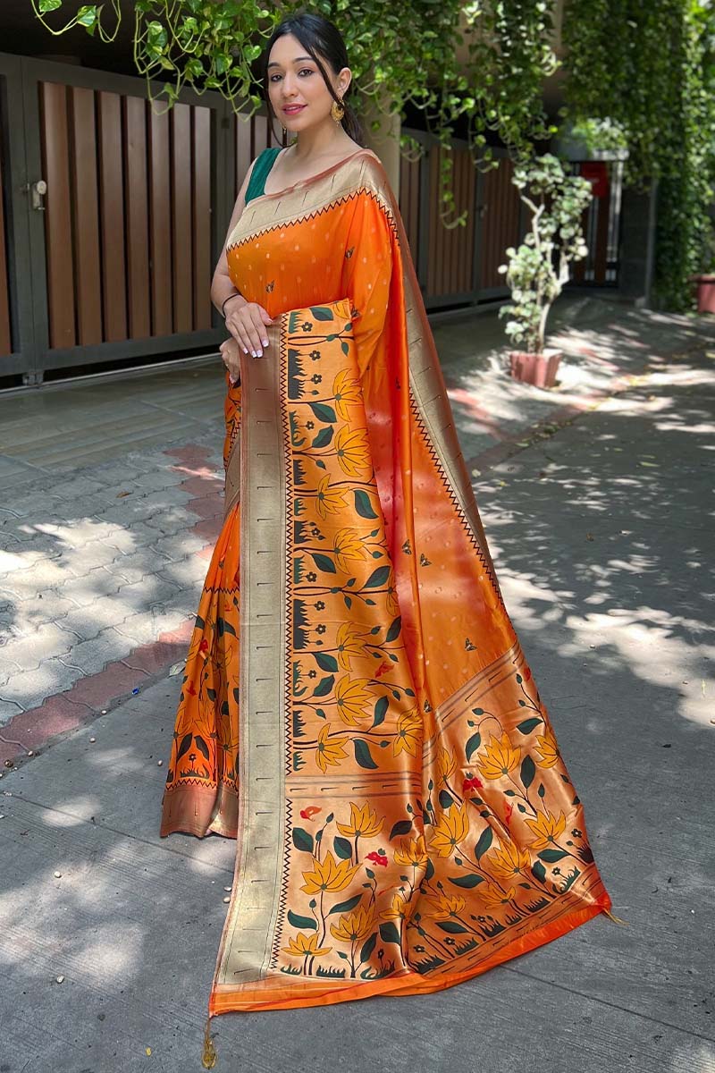 Smart Orange Paithani Silk Saree With Breathtaking Blouse Piece