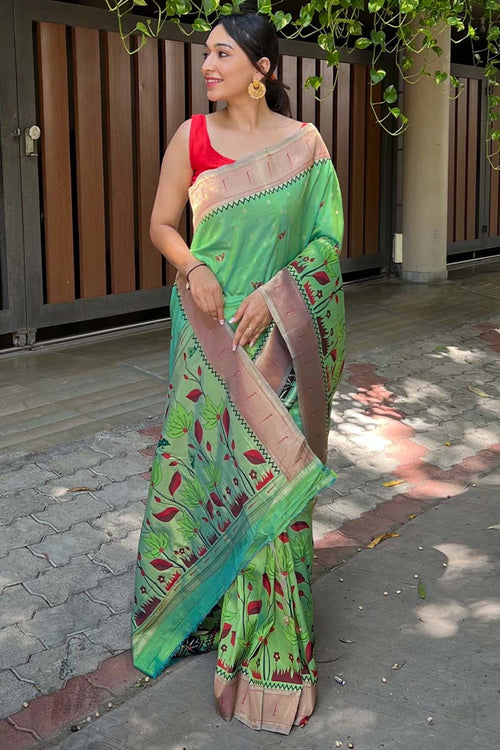 Load image into Gallery viewer, Hypnotic Parrot Paithani Silk Saree With Groovy Blouse Piece

