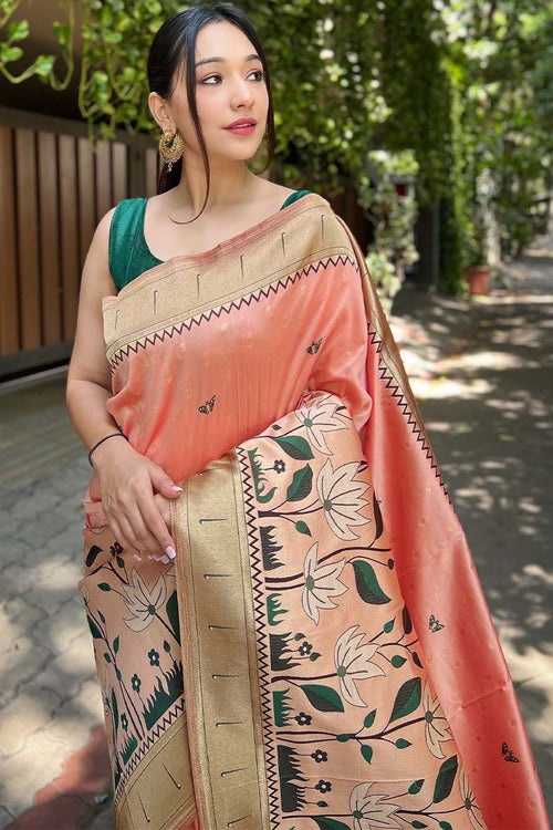 Load image into Gallery viewer, Exceptional Peach Paithani Silk Saree With Blissful Blouse Piece
