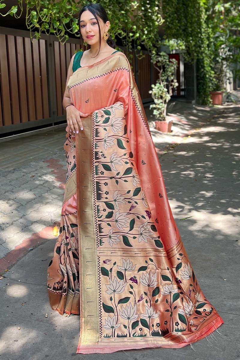 Exceptional Peach Paithani Silk Saree With Blissful Blouse Piece