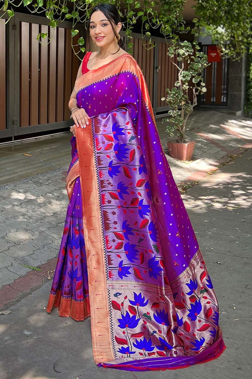 Load image into Gallery viewer, Delightful Purple Paithani Silk Saree With Inspiring Blouse Piece
