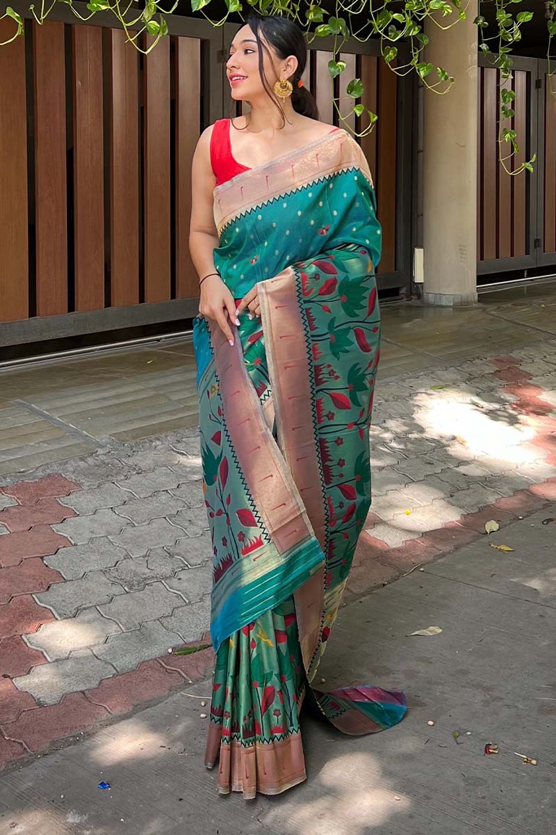 Most Stunning Rama Paithani Silk Saree With Fairytale Blouse Piece