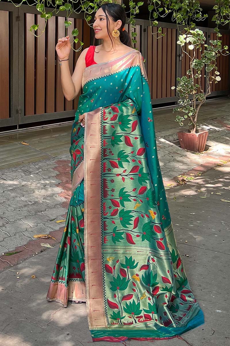 Most Stunning Rama Paithani Silk Saree With Fairytale Blouse Piece