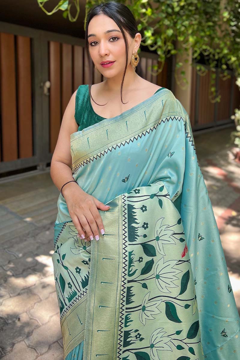 Super Classy Sky Paithani Silk Saree With Adoring Blouse Piece