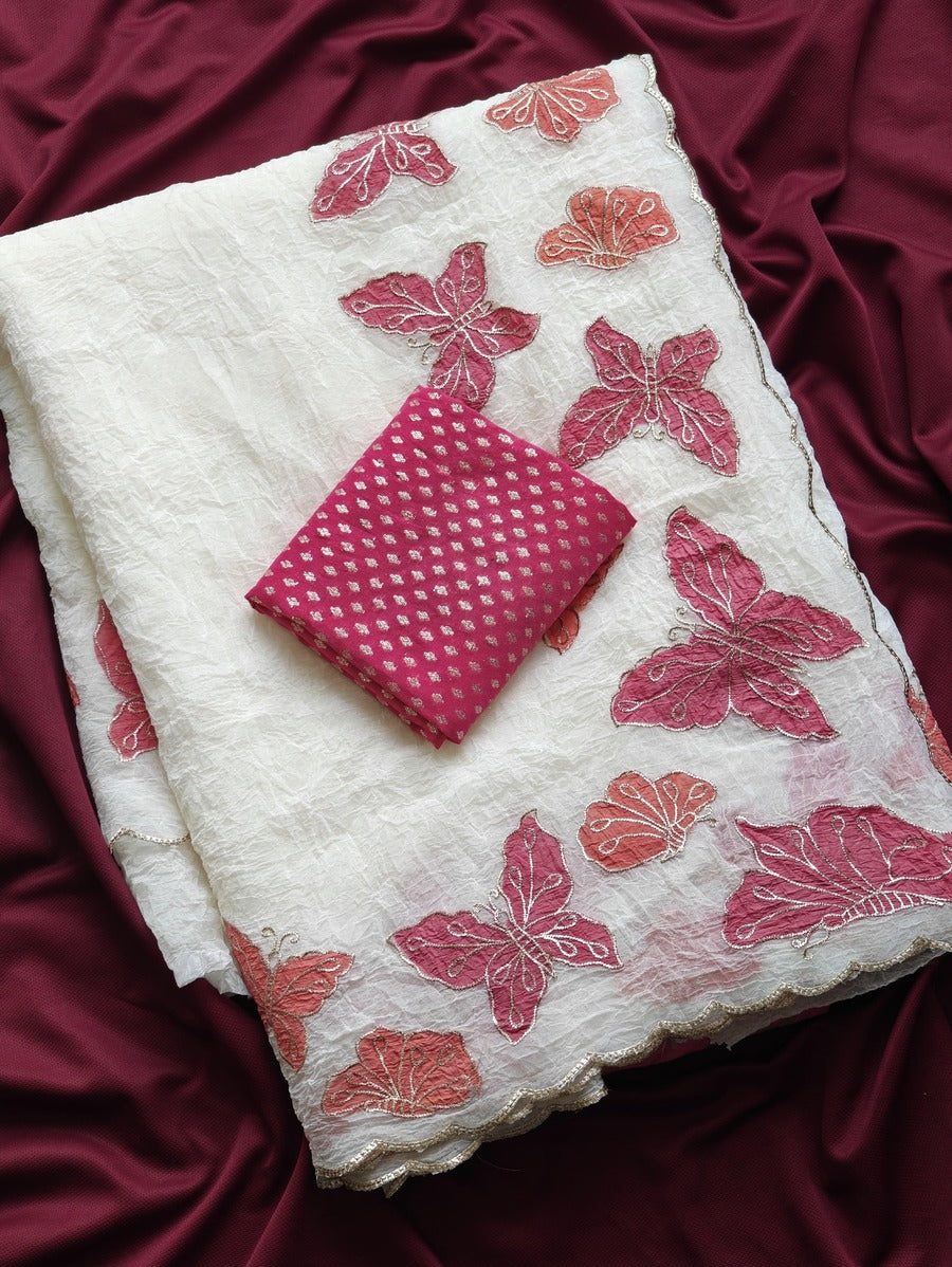 Excellent Off White Embroidery Work Crush Chiffon Silk Saree With Vivacious Blouse Piece