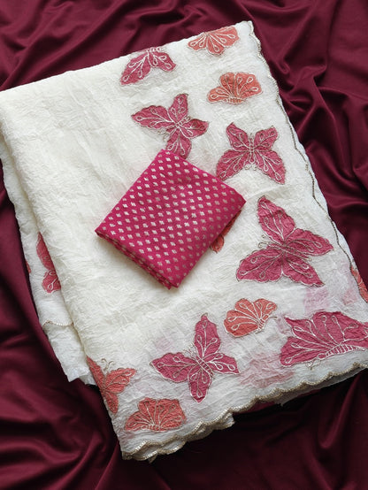 Excellent Off White Embroidery Work Crush Chiffon Silk Saree With Vivacious Blouse Piece