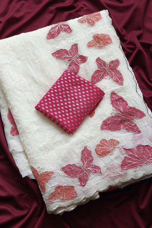 Load image into Gallery viewer, Excellent Off White Embroidery Work Crush Chiffon Silk Saree With Vivacious Blouse Piece
