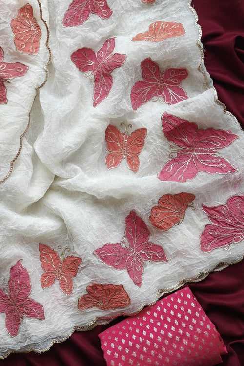 Load image into Gallery viewer, Excellent Off White Embroidery Work Crush Chiffon Silk Saree With Vivacious Blouse Piece
