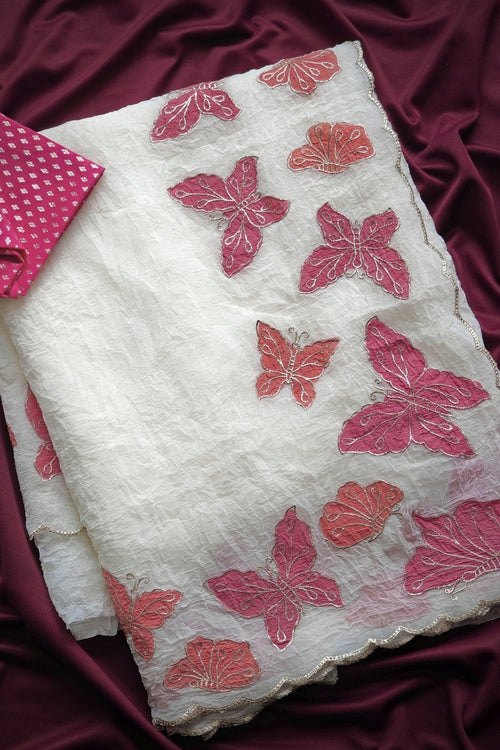 Load image into Gallery viewer, Excellent Off White Embroidery Work Crush Chiffon Silk Saree With Vivacious Blouse Piece
