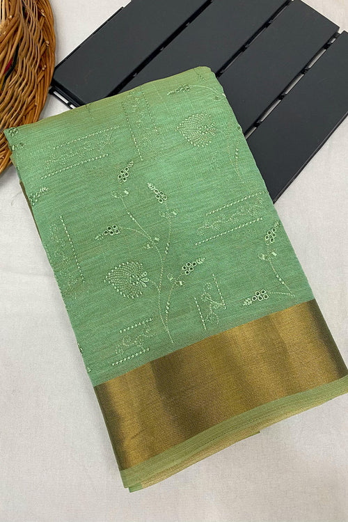 Load image into Gallery viewer, Appealing Green Embroidery Work Tussar Silk Saree With Quixotic Blouse Piece
