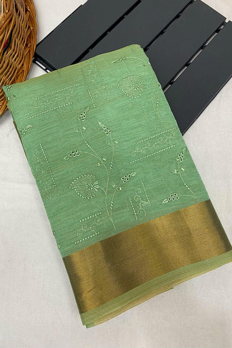 Appealing Green Embroidery Work Tussar Silk Saree With Quixotic Blouse Piece