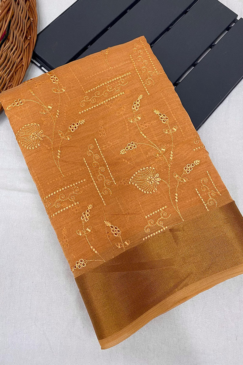 Sonorous Orange Embroidery Work Tussar Silk Saree With Beguiling Blouse Piece