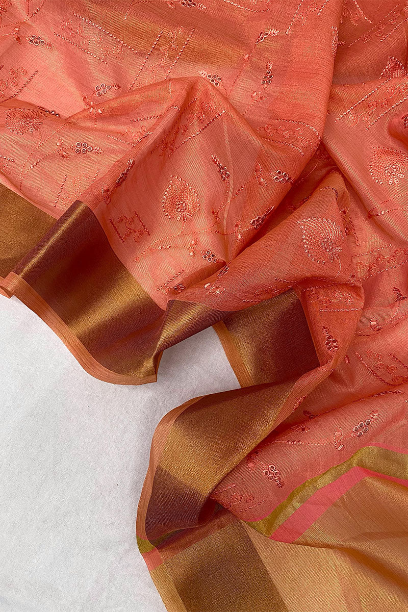 Zephyr Peach Embroidery Work Tussar Silk Saree With Enamoring Blouse Piece