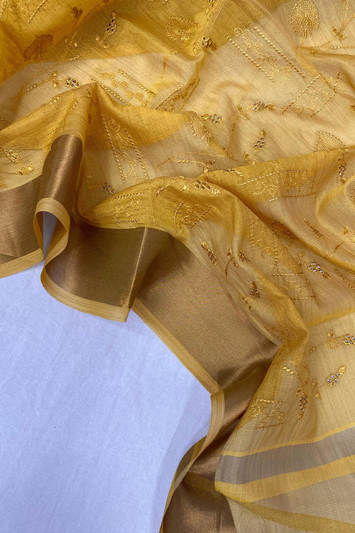 Load image into Gallery viewer, Pulsating Yellow Embroidery Work Tussar Silk Saree With Majestic Blouse Piece
