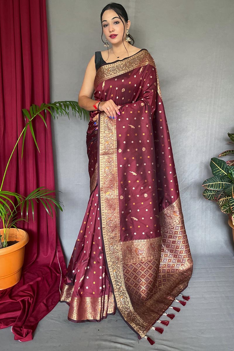 Exuberant Maroon Soft Banarasi Silk Saree With Whimsical Blouse Piece