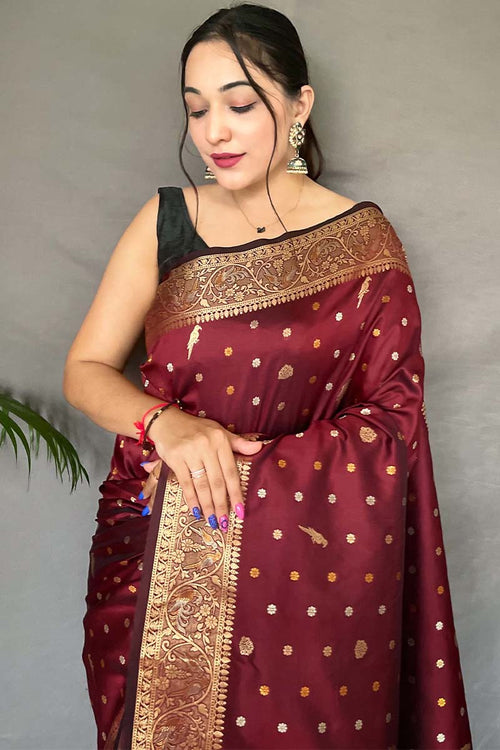 Load image into Gallery viewer, Exuberant Maroon Soft Banarasi Silk Saree With Whimsical Blouse Piece
