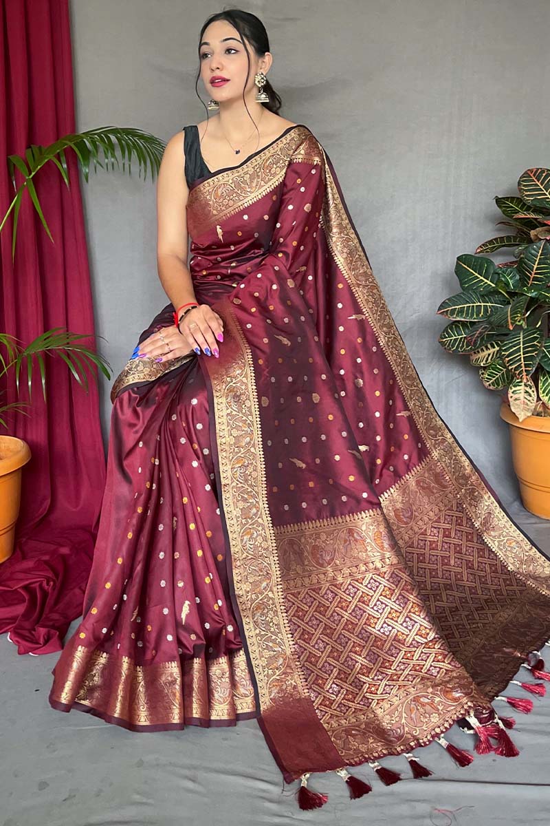 Exuberant Maroon Soft Banarasi Silk Saree With Whimsical Blouse Piece