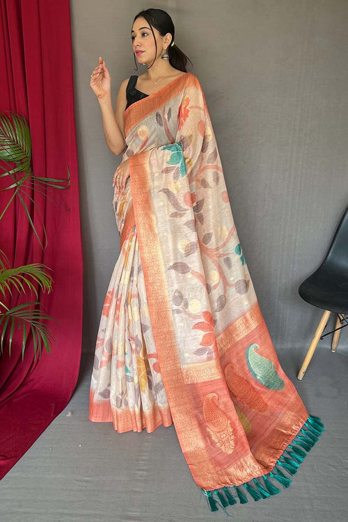 Load image into Gallery viewer, Demesne Peach Soft Banarasi Silk Saree With Assemblage Blouse Piece
