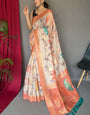 Demesne Peach Soft Banarasi Silk Saree With Assemblage Blouse Piece