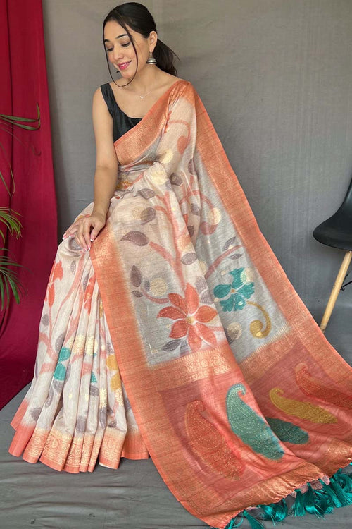 Load image into Gallery viewer, Demesne Peach Soft Banarasi Silk Saree With Assemblage Blouse Piece
