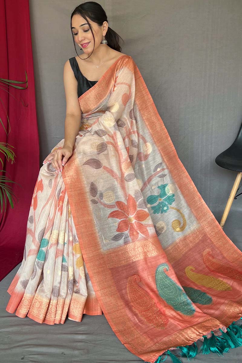 Demesne Peach Soft Banarasi Silk Saree With Assemblage Blouse Piece