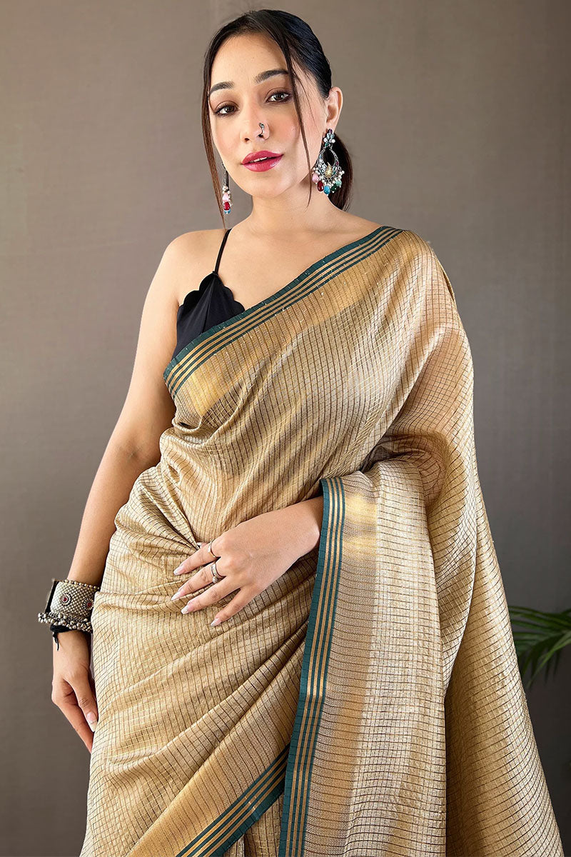 Exceptional Beige Soft Banarasi Silk Saree With Desirable Blouse Piece