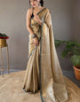 Exceptional Beige Soft Banarasi Silk Saree With Desirable Blouse Piece