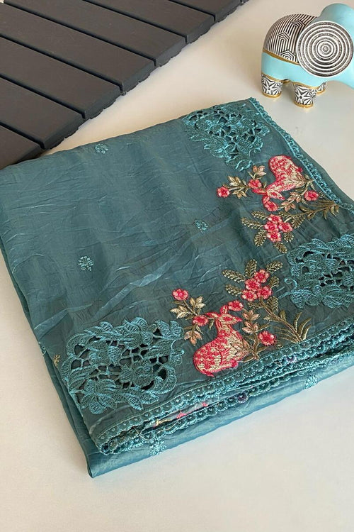 Load image into Gallery viewer, Classy Rama Embroidery Work Crush Silk Saree With Pleasant Blouse Piece
