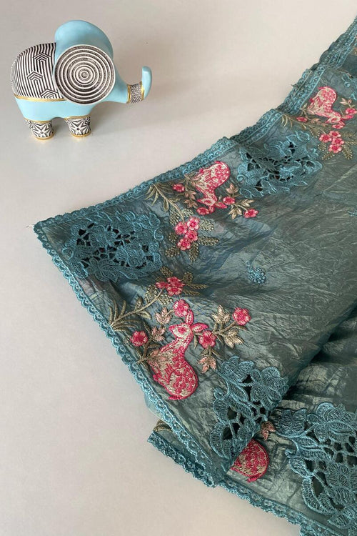 Load image into Gallery viewer, Classy Rama Embroidery Work Crush Silk Saree With Pleasant Blouse Piece
