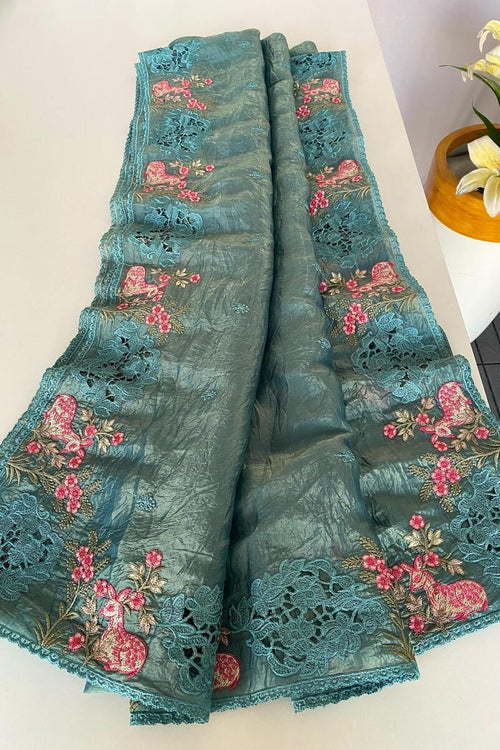 Load image into Gallery viewer, Classy Rama Embroidery Work Crush Silk Saree With Pleasant Blouse Piece
