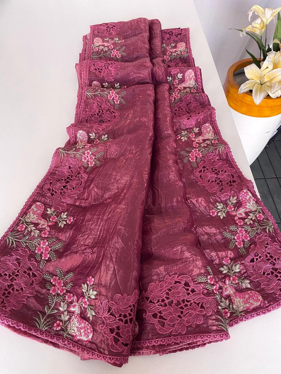 Lagniappe Wine Embroidery Work Crush Silk Saree With Sempiternal Blouse Piece