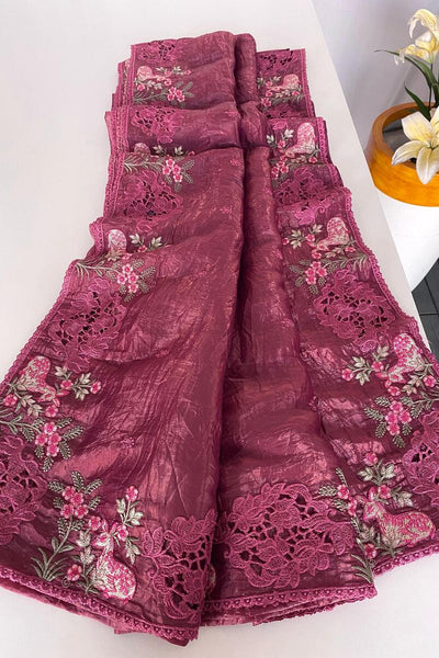 Lagniappe Wine Embroidery Work Crush Silk Saree With Sempiternal Blouse Piece