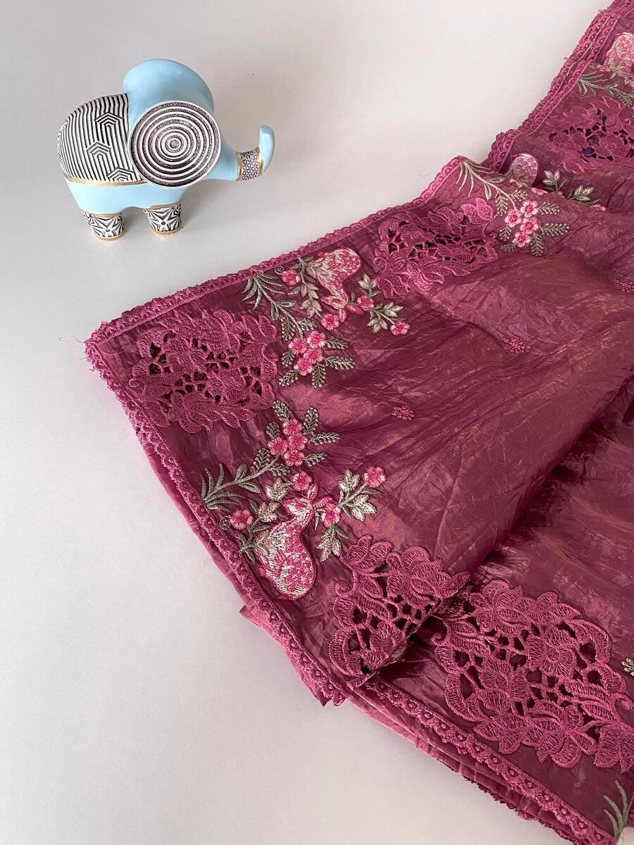 Lagniappe Wine Embroidery Work Crush Silk Saree With Sempiternal Blouse Piece