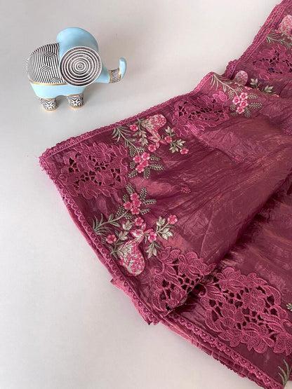 Lagniappe Wine Embroidery Work Crush Silk Saree With Sempiternal Blouse Piece